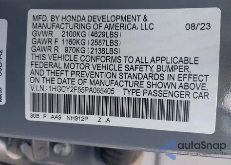 2023 Honda Accord Hybrid Sport from USA, damaged, VIN 1HGCY2F55PA065405
